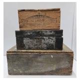 Antique Small Trunk & Old Hinged Wood Boxes