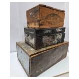 Antique Small Trunk & Old Hinged Wood Boxes