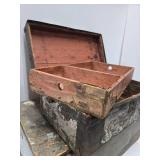 Antique Small Trunk & Old Hinged Wood Boxes