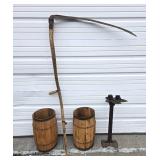 Primitive Antique Nail Kegs, Cast Iron Cobbler