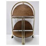 Vintage Brass & Wood Round Rolling 2-Tier Cart Table