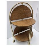 Vintage Brass & Wood Round Rolling 2-Tier Cart Table