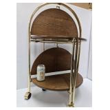 Vintage Brass & Wood Round Rolling 2-Tier Cart Table