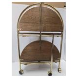 Vintage Brass & Wood Round Rolling 2-Tier Cart Table