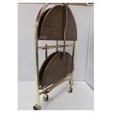 Vintage Brass & Wood Round Rolling 2-Tier Cart Table