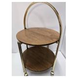 Vintage Brass & Wood Round Rolling 2-Tier Cart Table