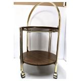 Vintage Brass & Wood Round Rolling 2-Tier Cart Table