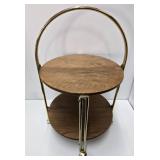 Vintage Brass & Wood Round Rolling 2-Tier Cart Table