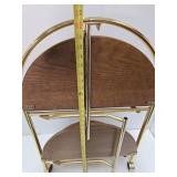 Vintage Brass & Wood Round Rolling 2-Tier Cart Table