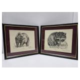 Pair of Hand Signed Framed & Numbered Prints by Dan Brewer - Bear & Raccoon