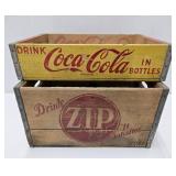 2 Vintage Wooden Advertising Soda Crates - Coca Cola & ZIP