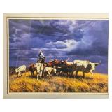 Framed Western Cowboy and Cattle Artwork by A. Cox "Storms Coming"