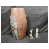Decorative Tall Vase and Pair of Crystal Candle Holders