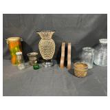 Collection of Decorative Glass and Ceramic Vases with Wooden Bookends