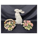 Set of Ceramic Floral Arrangements with Decorative Rabbit
