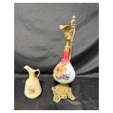 Pair of Vintage Decorative Ceramic Pitchers with Floral Design