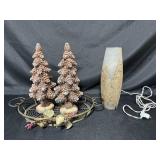 Decorative Holiday Pine Cone Trees and Frosted Lamp Set