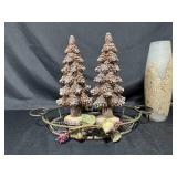 Decorative Holiday Pine Cone Trees and Frosted Lamp Set