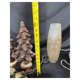 Decorative Holiday Pine Cone Trees and Frosted Lamp Set