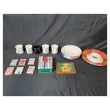 Collection of Mugs, Bowls, and Playing Cards