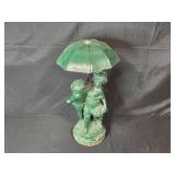 Vintage Cast Iron Cherub Garden Statue with Green Patina and Umbrella