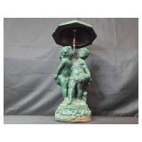 Vintage Cast Iron Cherub Garden Statue with Green Patina and Umbrella