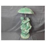 Vintage Cast Iron Cherub Garden Statue with Green Patina and Umbrella