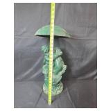 Vintage Cast Iron Cherub Garden Statue with Green Patina and Umbrella