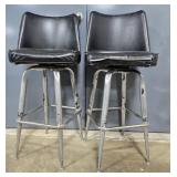Pair of Vintage Bar Stools with Black Faux Leather Seats
