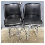 Pair of Vintage Bar Stools with Black Faux Leather Seats