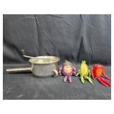 Set of Vegetable Character Figurines and Metal Saucepan