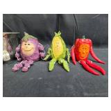 Set of Vegetable Character Figurines and Metal Saucepan