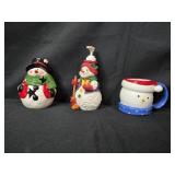 Set of Snowman Figurines: Candle Holder, Soap Dispenser, and Mug