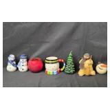 Holiday Decor Set with Snowmen Salt & Pepper, Mug & Candle Holder