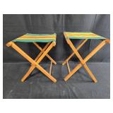 Pair of Vintage Wooden Folding Stools with Striped Fabric Seat