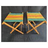 Pair of Vintage Wooden Folding Stools with Striped Fabric Seat