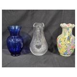 Set of 3 Vases: Cobalt Blue Glass, Clear Crystal, and Hand-Painted Floral Ceramic Pitcher