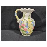 Set of 3 Vases: Cobalt Blue Glass, Clear Crystal, and Hand-Painted Floral Ceramic Pitcher