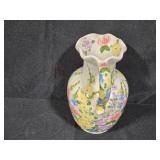 Set of 3 Vases: Cobalt Blue Glass, Clear Crystal, and Hand-Painted Floral Ceramic Pitcher