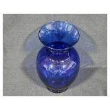 Set of 3 Vases: Cobalt Blue Glass, Clear Crystal, and Hand-Painted Floral Ceramic Pitcher