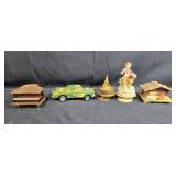 Set of Vintage Decorative Miniatures: Car, Piano, Figurine, Boat, and Chalet