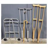 Assorted Mobility Aids: Foldable Walker, Crutches, and Cane