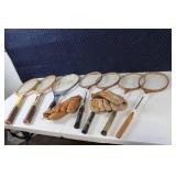 Vintage Collection of 3 Tennis Rackets, 4 badminton rackets, and 2 Ball Hawk Baseball Gloves