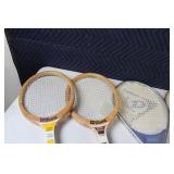 Vintage Collection of 3 Tennis Rackets, 4 badminton rackets, and 2 Ball Hawk Baseball Gloves