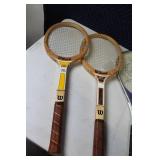 Vintage Collection of 3 Tennis Rackets, 4 badminton rackets, and 2 Ball Hawk Baseball Gloves