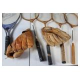 Vintage Collection of 3 Tennis Rackets, 4 badminton rackets, and 2 Ball Hawk Baseball Gloves