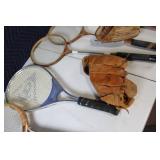 Vintage Collection of 3 Tennis Rackets, 4 badminton rackets, and 2 Ball Hawk Baseball Gloves