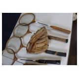Vintage Collection of 3 Tennis Rackets, 4 badminton rackets, and 2 Ball Hawk Baseball Gloves