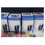 Mixed Household Items including Portable Heaters, Baking Ware, and Storage Shelf