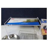 Mixed Household Items including Portable Heaters, Baking Ware, and Storage Shelf